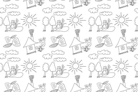 Village Scene Coloring Pattern with Frog and Fish 스톡 일러스트