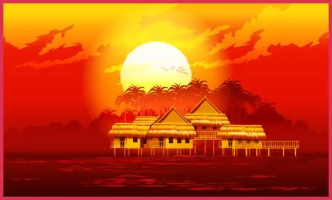 Village at sunset Stock Illustration