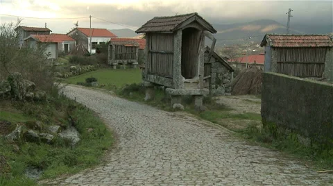 Village with typical stone corn drier, called Espigueiro, in north of Portugal. Stock Footage 62554061