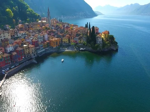 Village of Varenna on Como lake in Italy - Aerial view Stock Footage