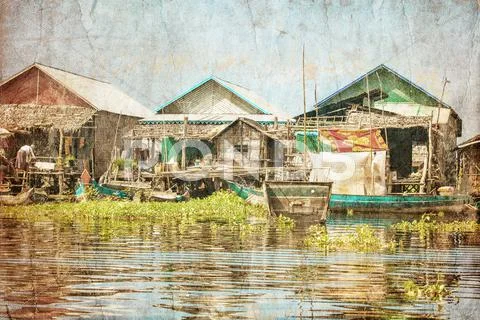 The village on the water in retro style Stock Photos