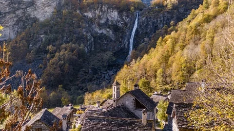 Village Waterfall Rocks Foroglio Ticino Switzerland Aerial 4k Stock Footage