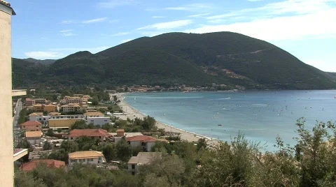 Village & windsurfers on Lefkada Stock Footage