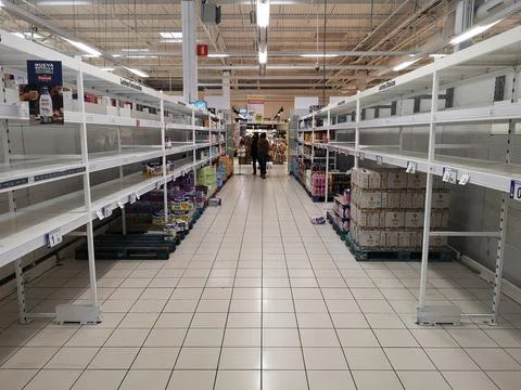 Villarreal, Spain 03-26-2022: Empty shelves of products in the Carrefour de Vill Stock Photos
