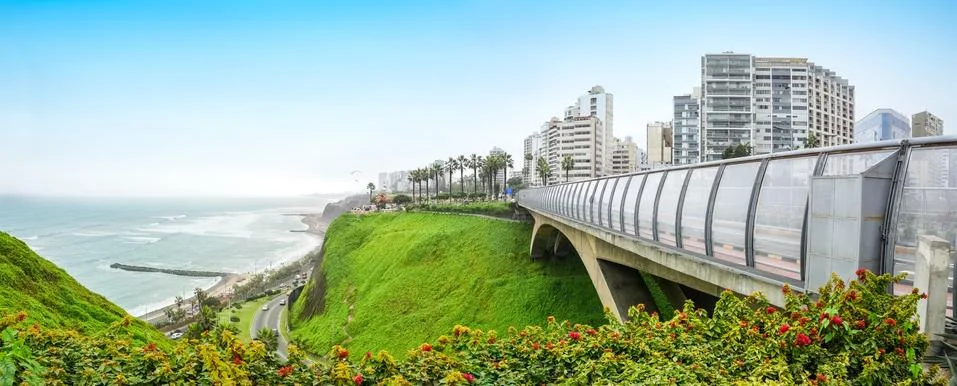 The Villena Rey Bridge in Miraflores distric in Lima, Peru. Panoramic view. Stock Photos