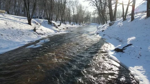 Vilnelė in winter. In Vilnius, Lithuania. Ice Stock Footage 167697233