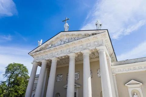 Vilnius Cathedral Facade with Neoclassical Columns and Statues, Lithuania Stock Photos