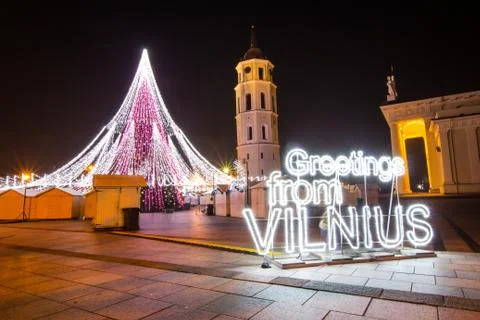 VILNIUS, LITHUANIA - DECEMBER 31 2017: night view of the christmas tree on ce Stock Photos