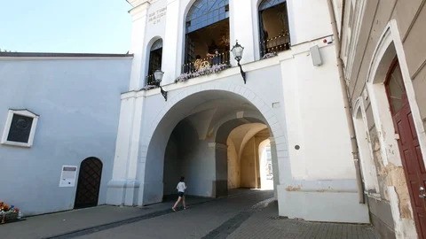 Vilnius, Lithuania, tilt up of the Gate of Dawn Stock Footage 111401074