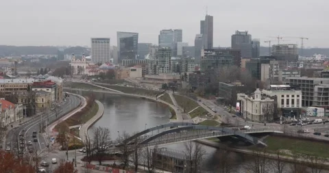 Vilnius skyline over the Neris River with modern towers on a gray day Stock Footage 320167110