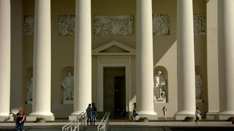 Vilnius St. Stanislav Cathedral Basilica portal and statues, pan, tele Stock Footage 80744185