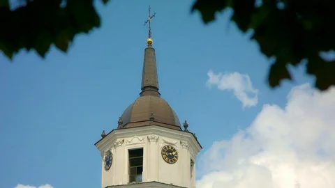 Vilnius sunny Belfry of St. Stanislav Cathedral Basilica, tilt, tele shot Stock Footage 80743620