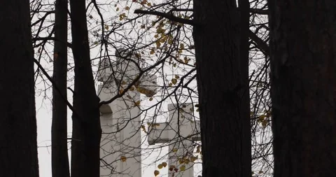 Vilnius Three Crosses framed by dark trunks and autumn branches. Stock Footage 320168452