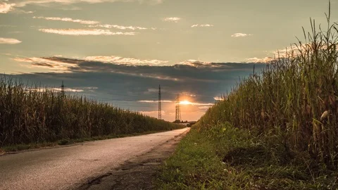 Vimercate monza brianza sunset over a field with fast car drive isolated street Stock Footage 93733934