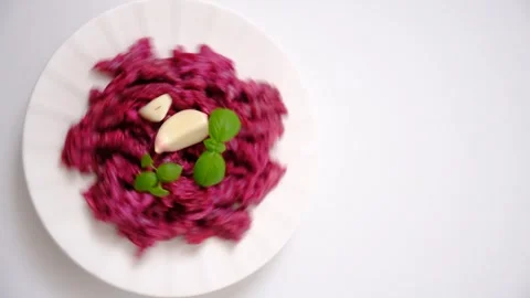 Vinaigrette salad, beetroot, garlic, basil. Space for text. Beetroot Stock Footage 295046424