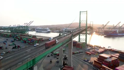 Vincent Thomas Bridge Container Truck and Harbor, Aerial Pass, 4K Stock Footage 160313481