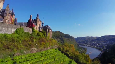 Vine hills front old Castle aerial shot, ship river background, click for HD Stock Footage 43872822