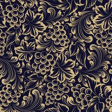 Vine seamless pattern for package design. Old style golden background with grape Illustrazione stock