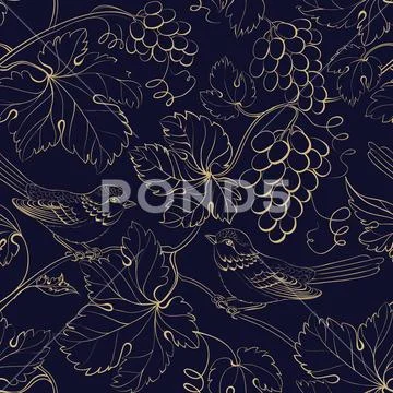 Vine seamless pattern for package design. Old style golden background with grape Stock Illustration