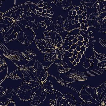 Vine seamless pattern for package design. Old style golden background with grape Stock Illustration