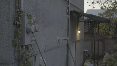 Vines covering electric meter on outside of old building at sunset Stock Footage 226437791