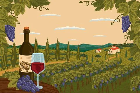 Vineyard landscape with grape tree field and winery farm on background. Red wine Stock Illustration
