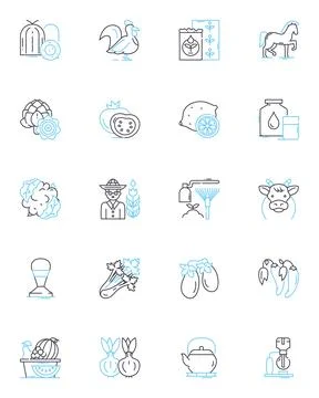Vineyard linear icons set. Grapes, Winery, Harvest, Wine, Vines, Tasting, Barrel Stock Illustration