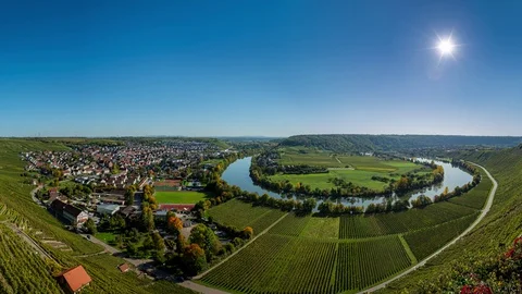 Vineyard at river Neckar in back lit of sunbeams Stock Footage 128854307