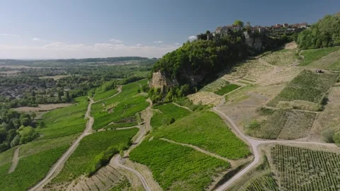 Vineyard view of Chateau Chalon perched village on a rocky cliff, Jura, Franc Stock Footage 341881876