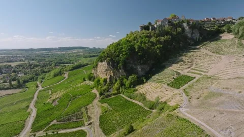 Vineyard view of Chateau Chalon perched village on a rocky cliff, Jura, Franc Stock Footage 341881912