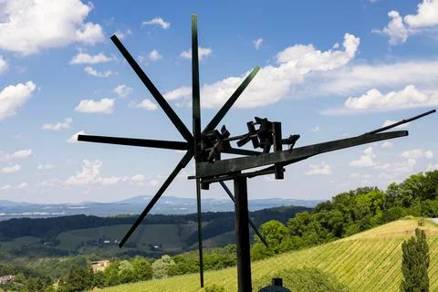 Vineyard with windmill called klapotetz in south of Styria, Austria Stock Photos