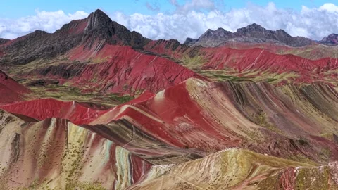 Vinicunca Rainbow Mountain Peru Perú aerial drone morning blue sky Montaña de Stock Footage 323152368