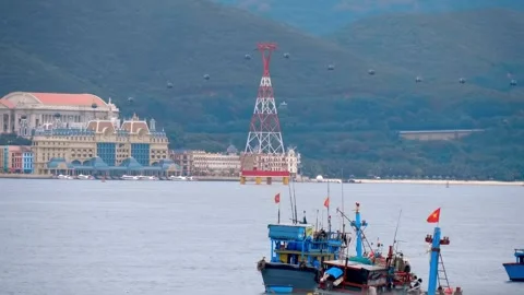 Vinpearl Cable Car placed on enormously tall pylons standing in sea waters Stock Footage 340457405
