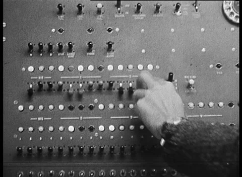 Vintage 1961 Computer, Blinking Lights &amp; Flip Switches &amp; Punch Card Button Stock Footage 158994757