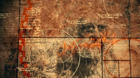 A vintage 3d illustration of code Da Vinci with the portrait of the bearded o Stock Illustration