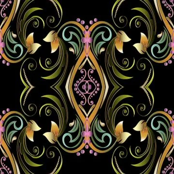 Vintage 3d seamless pattern. Vector floral background. Surface green gold vio Stock Illustration