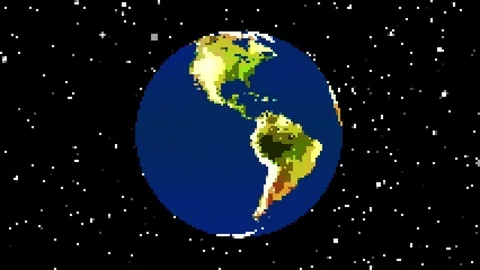 Vintage 8 bit game pixel drawn planet earth globe spin seamless endless loop Stock Footage