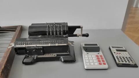 Vintage Abacus, Old Arithmometer And Retro Calculators Stock Footage 159700033