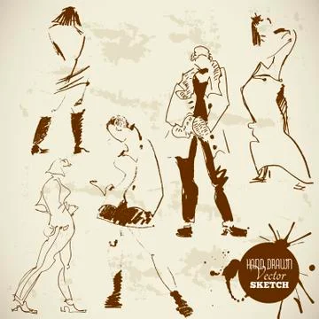 Vintage Abstract Hand Drawn Vector People Sketch Set Stock Illustration