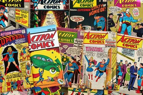 Vintage Action Comics by DC Comics featuring Superman and Supergirl Stock Photos