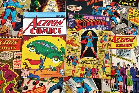 Vintage Action Comics by DC Comics featuring Superman and Supergirl Stock Photos