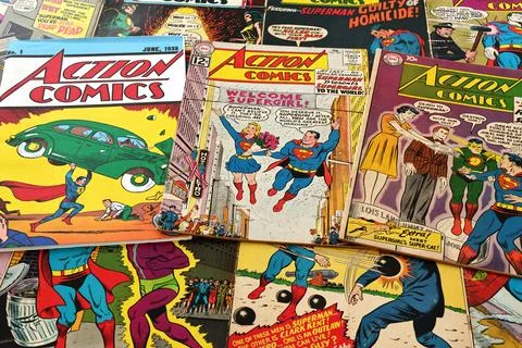 Vintage Action Comics by DC Comics featuring Superman and Supergirl Stock Photos