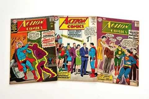 Vintage Action Comics by DC Comics featuring Superman and Supergirl Stock Photos