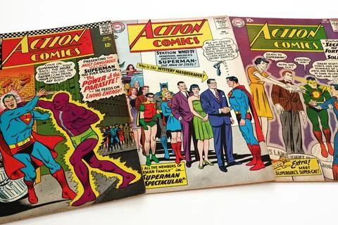 Vintage Action Comics by DC Comics featuring Superman and Supergirl Stock Photos