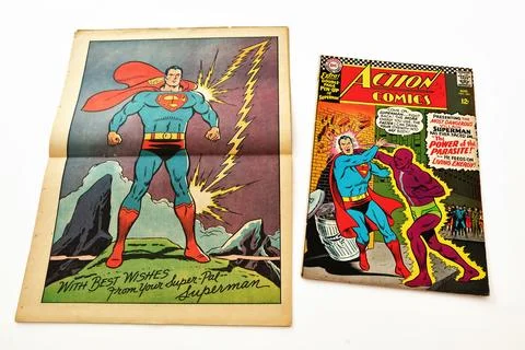 Vintage Action Comics by DC Comics featuring Superman and Supergirl Stock Photos