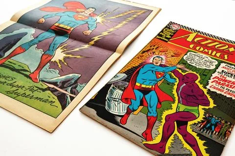 Vintage Action Comics by DC Comics featuring Superman and Supergirl Stock Photos