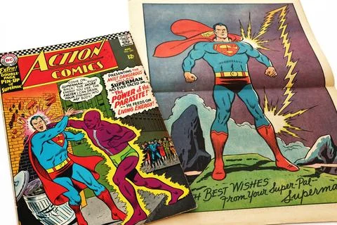 Vintage Action Comics by DC Comics featuring Superman and Supergirl Stock Photos