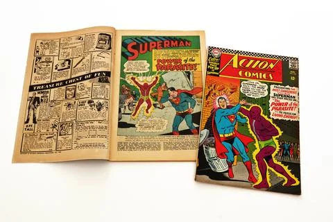 Vintage Action Comics by DC Comics featuring Superman and Supergirl Stock Photos