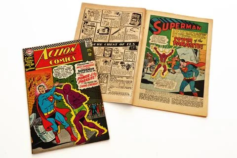 Vintage Action Comics by DC Comics featuring Superman and Supergirl Stock Photos