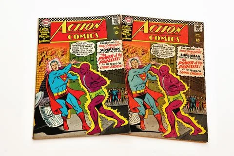 Vintage Action Comics by DC Comics featuring Superman and Supergirl Stock Photos